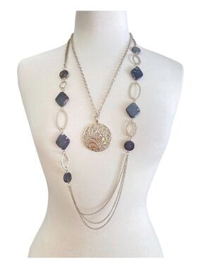 Modern Black & Silver Layered Necklace With Geometric Accents & Medallion Pendan